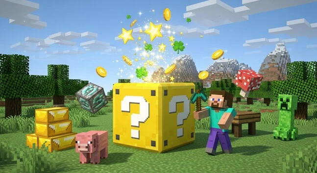 Minecraft Lucky Block Mod showing a golden block with loot and mobs