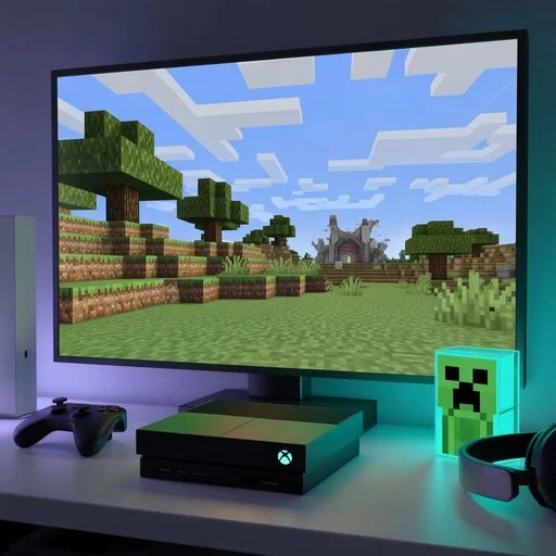 Minecraft Xbox gameplay showing building, crafting, and multiplayer features on console