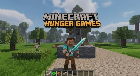 Minecraft Hunger Games PvP arena with players fighting, looting chests, and surviving until the final winner