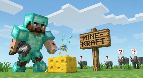 Minecraft parody illustration featuring funny characters, Creeper memes, and animated Minecraft song scenes