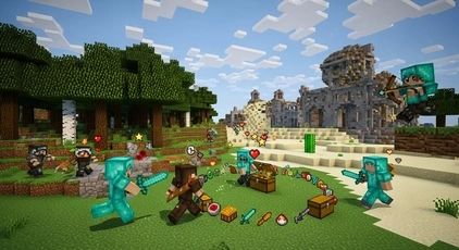Minecraft Hunger Games PvP arena with players fighting, looting chests, and surviving until the final winner