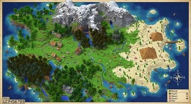 Minecraft seed map showing biomes, villages, temples, and terrain layout
