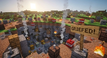 Minecraft griefing example showing destroyed builds and TNT damage in a multiplayer world