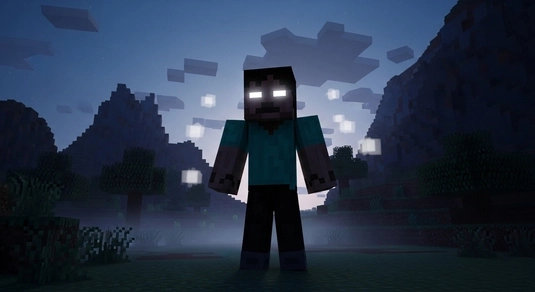 Minecraft Herobrine myth character with white eyes standing in a dark forest