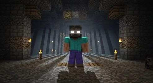 Minecraft Herobrine myth character with white eyes standing in a dark forest