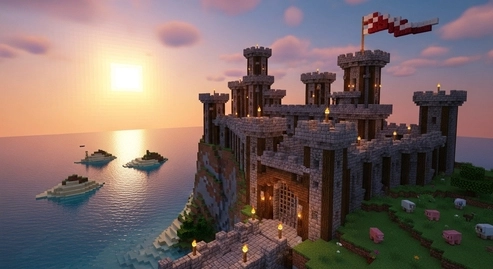 Minecraft Castle build with stone walls, towers, and a medieval design in survival mode