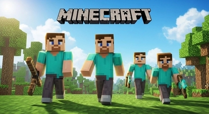The Minecraft Movie cast standing in a Minecraft-inspired Overworld scene