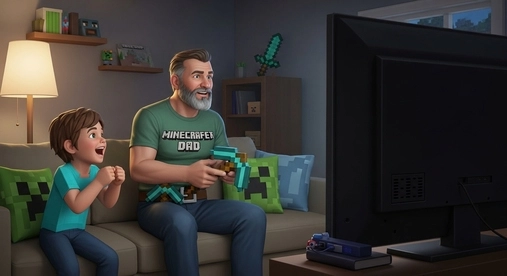 Minecraft Dad playing Minecraft with kids and building a family world together