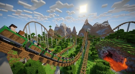 Minecraft roller coaster built with minecart rails, powered rails, and redstone inside a player-made theme park