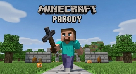 Minecraft parody illustration featuring funny characters, Creeper memes, and animated Minecraft song scenes