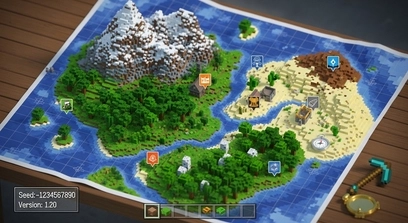 Minecraft seed map showing biomes, villages, temples, and terrain layout