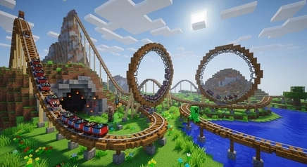 Minecraft roller coaster built with minecart rails, powered rails, and redstone inside a player-made theme park