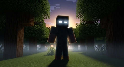 Minecraft Herobrine myth character with white eyes standing in a dark forest