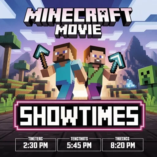 Poster of the A Minecraft Movie Showtimes showing characters and action scenes with “Minecraft Movie Showtimes” text