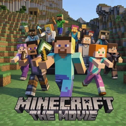 Cast of Minecraft The Movie 2025 poster featuring Jason Momoa, Jack Black, Emma Myers, and other main characters
