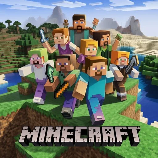 Minecraft movie cast poster featuring Steve, Alex, and main characters with voice actor names