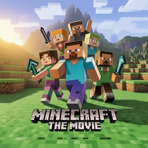Cast of Minecraft The Movie 2025 poster featuring Jason Momoa, Jack Black, Emma Myers, and other main characters