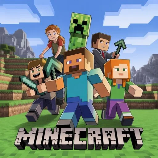 Minecraft movie cast poster featuring Steve, Alex, and main characters with voice actor names