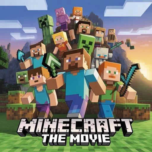 Cast of Minecraft The Movie 2025 poster featuring Jason Momoa, Jack Black, Emma Myers, and other main characters