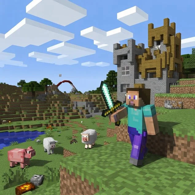 Screenshot of a Minecraft player building a house in a vibrant survival world with trees, mountains, and mobs