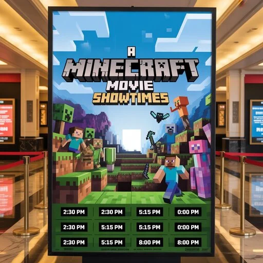 Poster of the A Minecraft Movie Showtimes showing characters and action scenes with “Minecraft Movie Showtimes” text