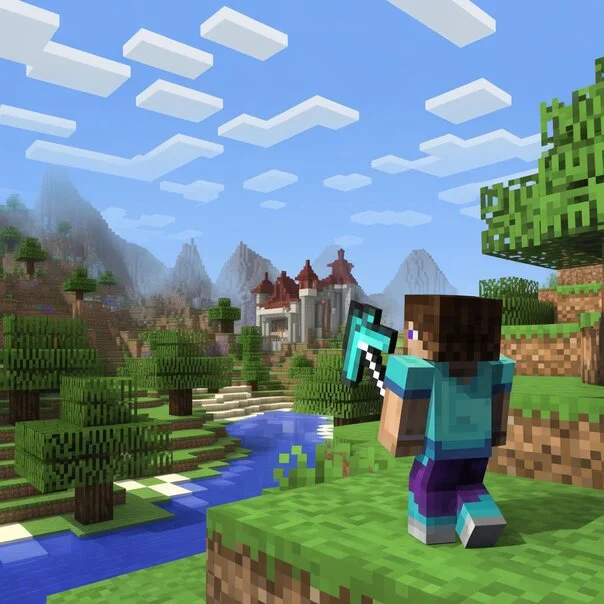 Screenshot of a Minecraft player building a house in a vibrant survival world with trees, mountains, and mobs