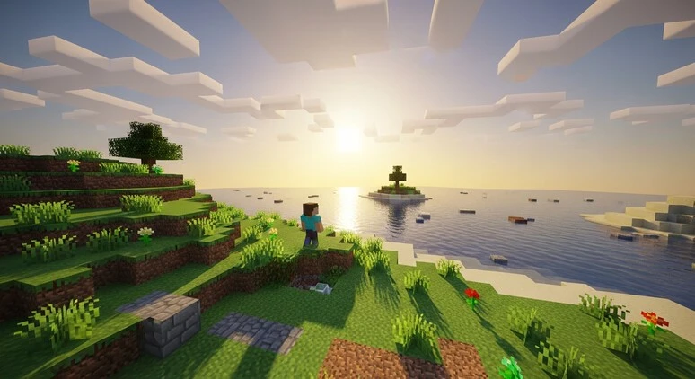 Minecraft Classic gameplay showing original blocks and simple world design