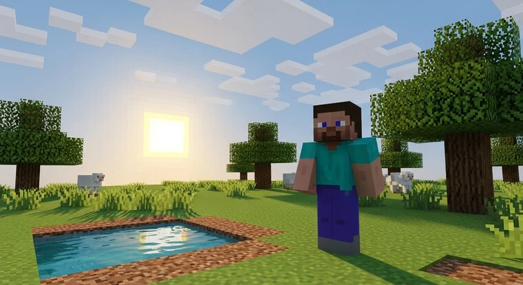 Minecraft Classic gameplay showing original blocks and simple world design