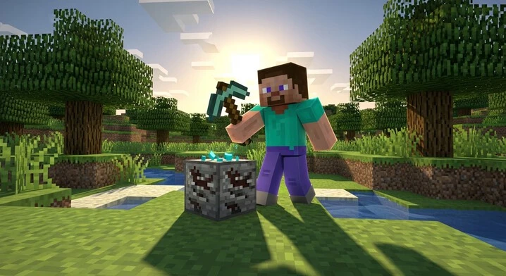 Minecraft Animation of a player building a castle in a blocky world