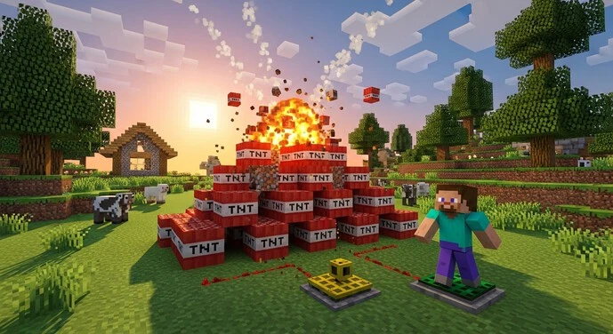 Minecraft TNT block ready to explode in a grassy landscape