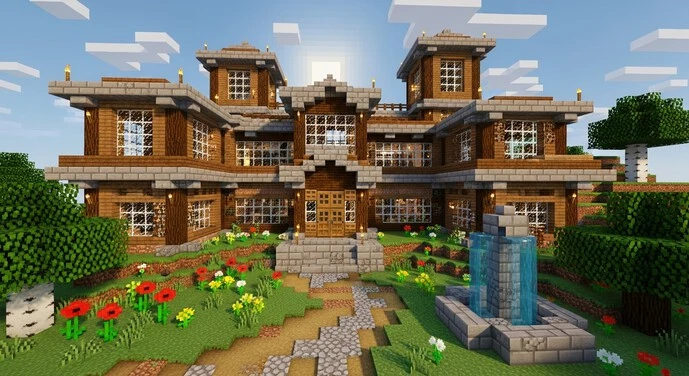 Minecraft Mansion exterior view with grand entrance and gardens