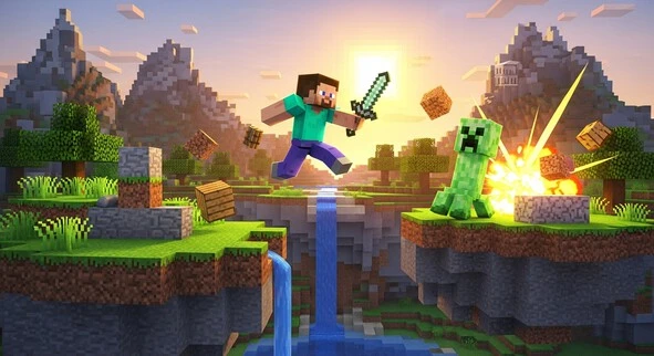 Minecraft Animation of a player building a castle in a blocky world