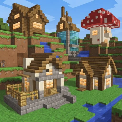 Minecraft  house ideas with glass walls, clean white concrete structure, pool area, and landscape garden built in a flat creative world.